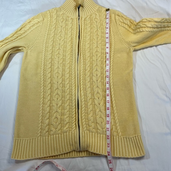 LL Bean Pastel Yellow Zip High Neck Cable Knit Cardigan Sweater Women’s Medium - Picture 10 of 10